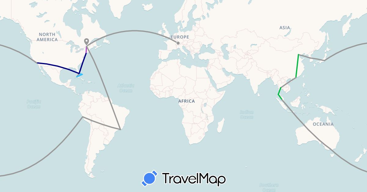 TravelMap itinerary: driving, bus, plane, train, boat in Australia, Brazil, Bahamas, Canada, Switzerland, China, Cuba, Malaysia, Oman, Peru, Thailand, United States (Asia, Europe, North America, Oceania, South America)